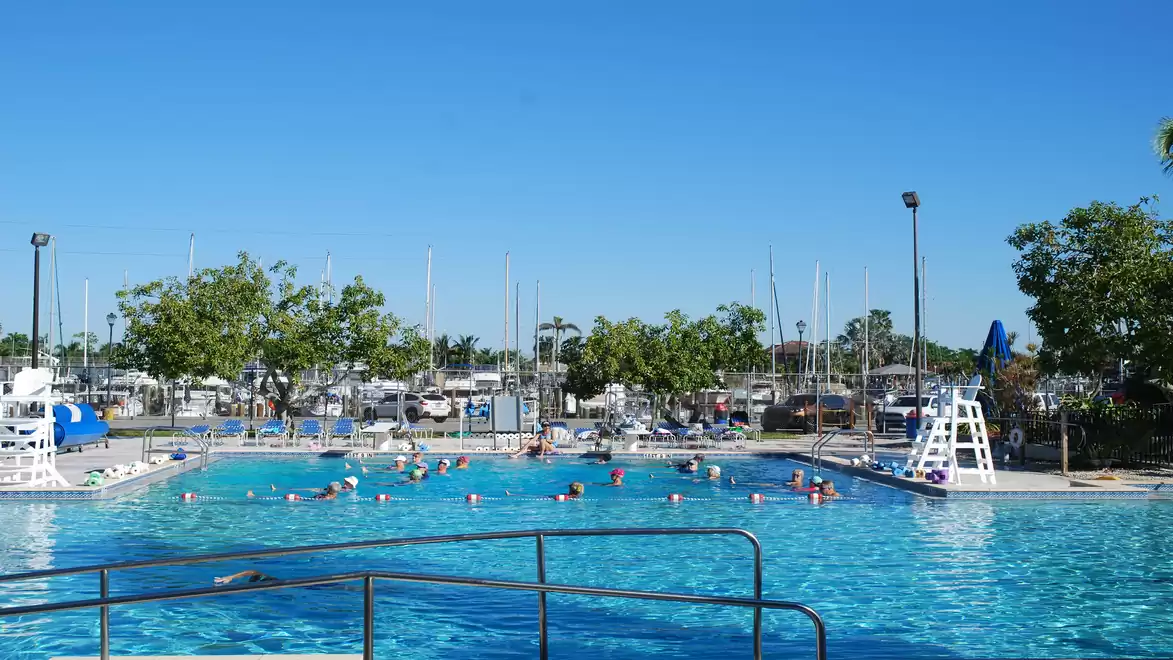Public swimming pool with several swimmers and a clear blue sky in the background.