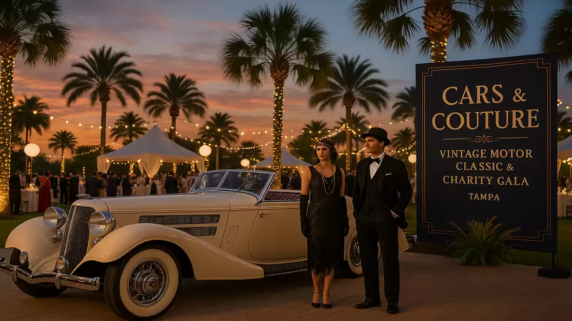 An elegant couple stands beside a classic vintage car against an evening backdrop of palm trees and illuminated tents, while an event takes place in the background.