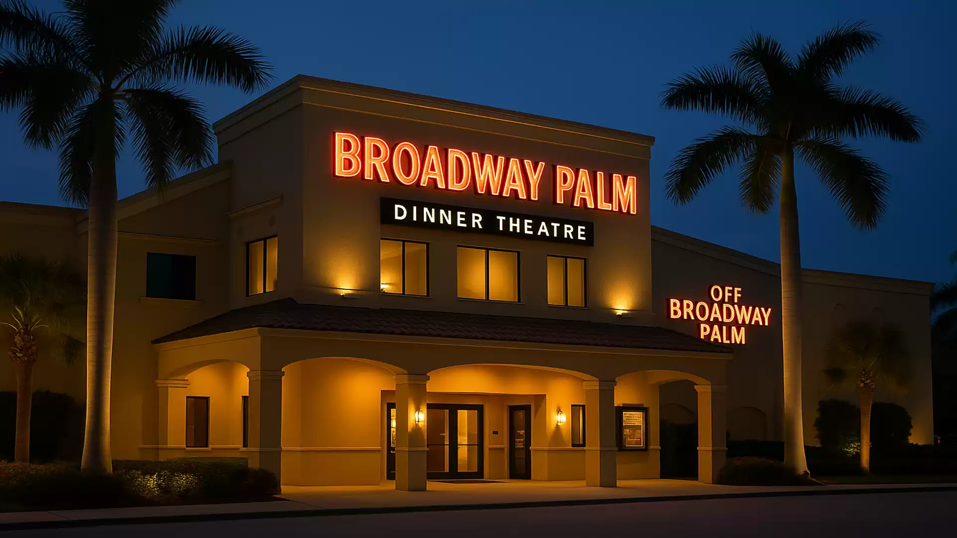 The image shows the Broadway Palm Dinner Theatre at night with illuminated signs and tall palm trees at the facade.