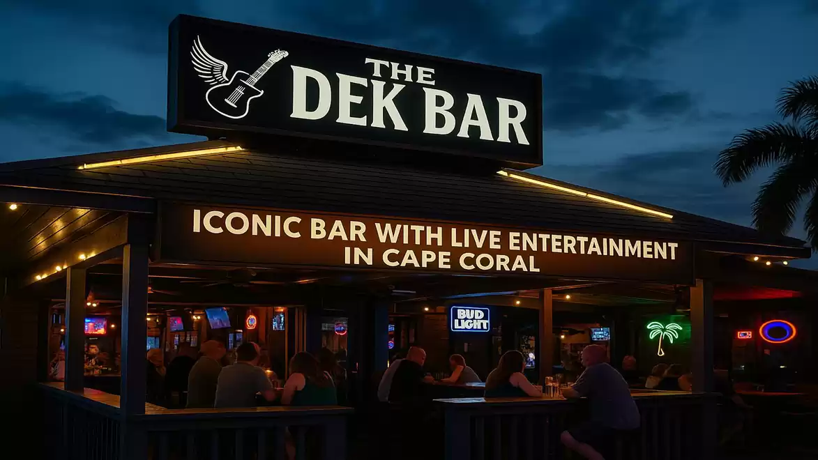 Exterior view of a bar at night with illuminated signs promoting live entertainment in Cape Coral.