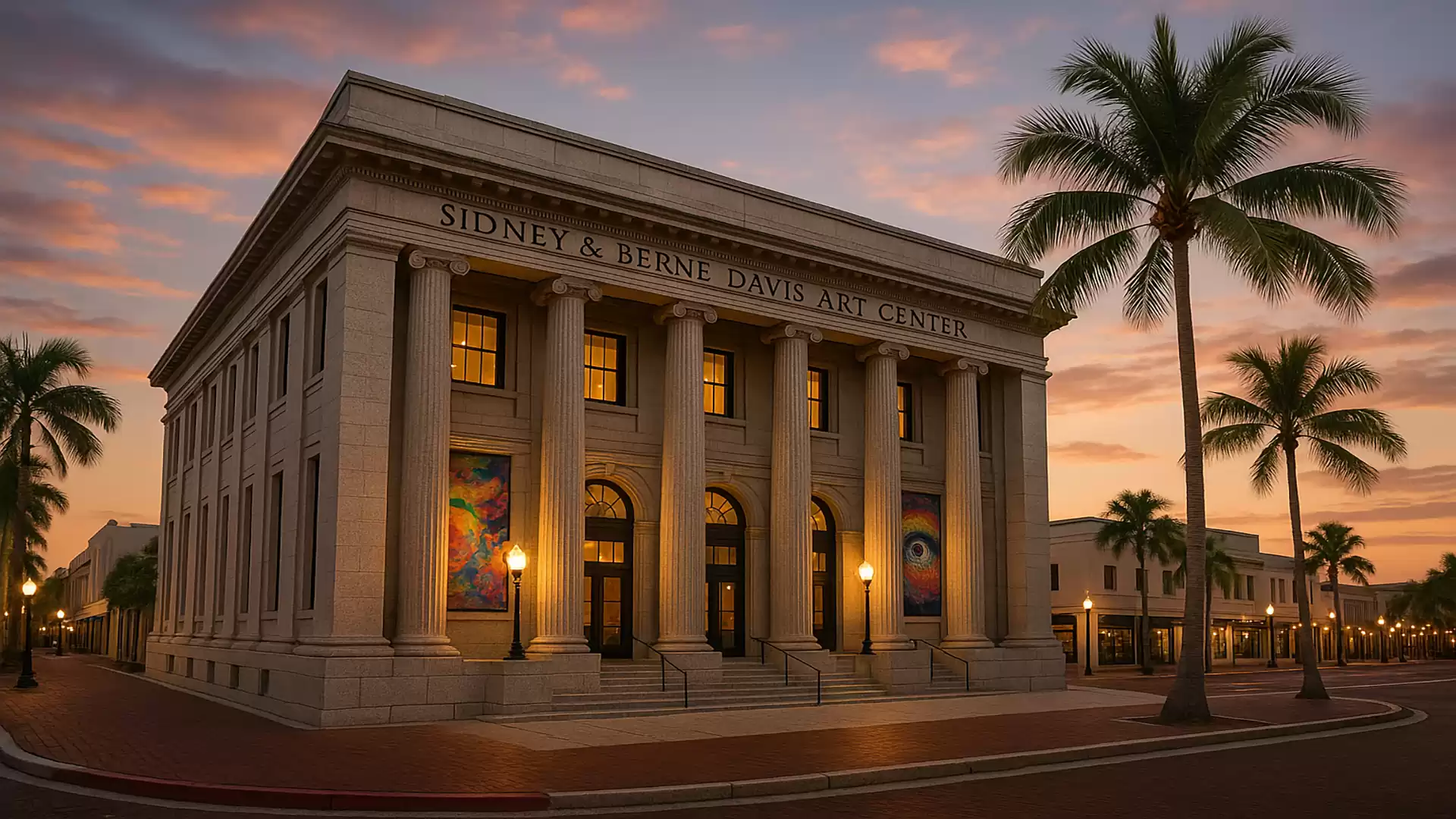 Historical building with columns and palm trees at sunset, Sidney & Berne Davis Art Center.