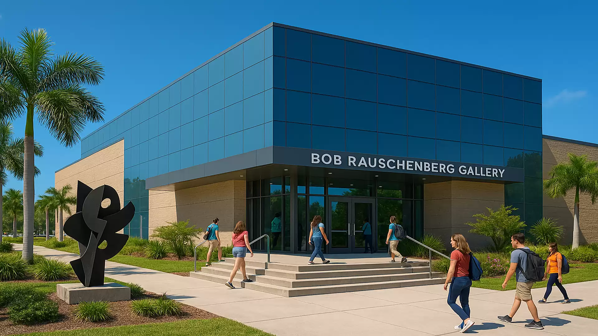 Exterior view of the Bob Rauschenberg Gallery with people and modern sculptures.