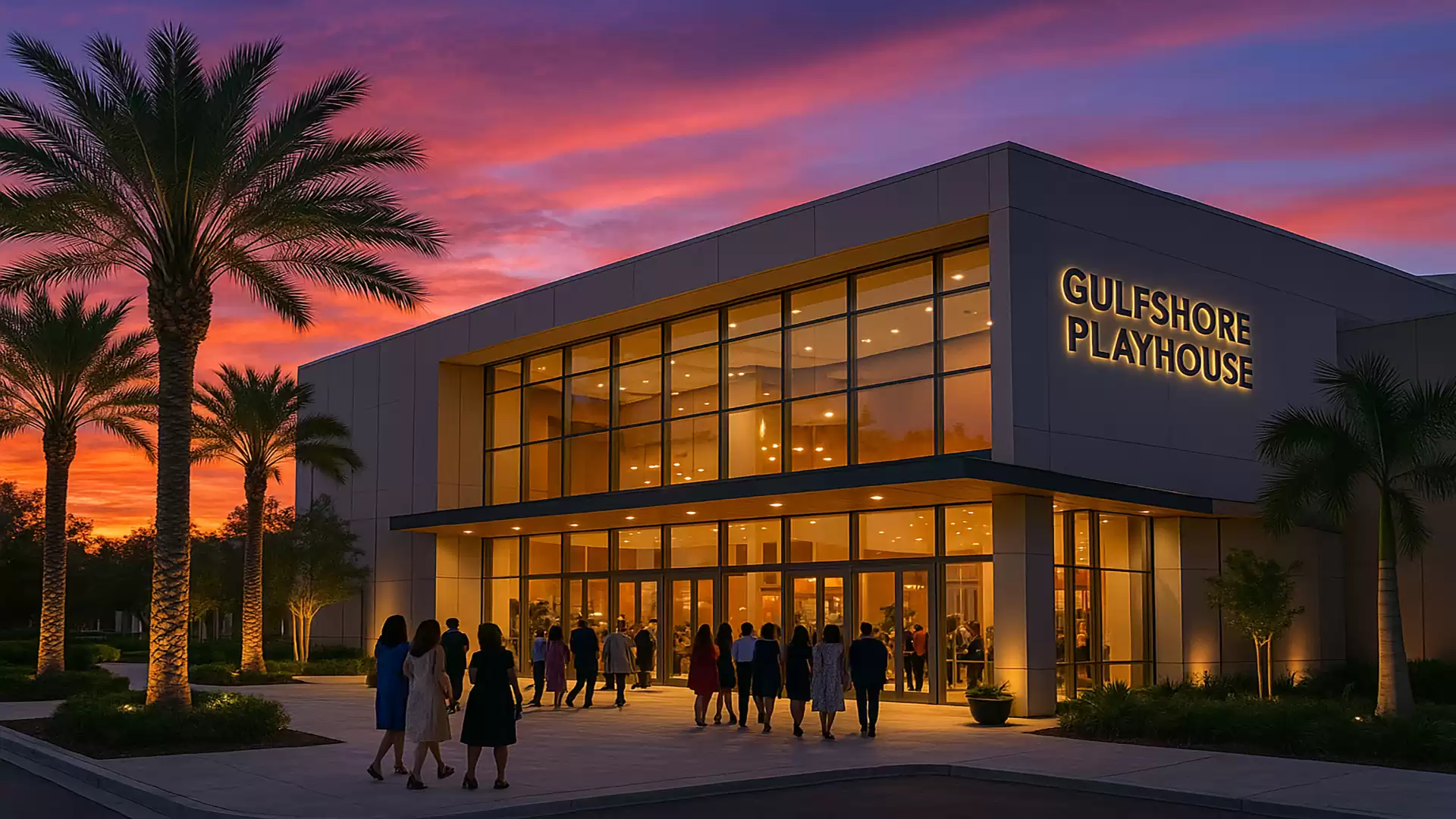 A modern theater building at sunset with palm trees and visitors walking towards the entrance.