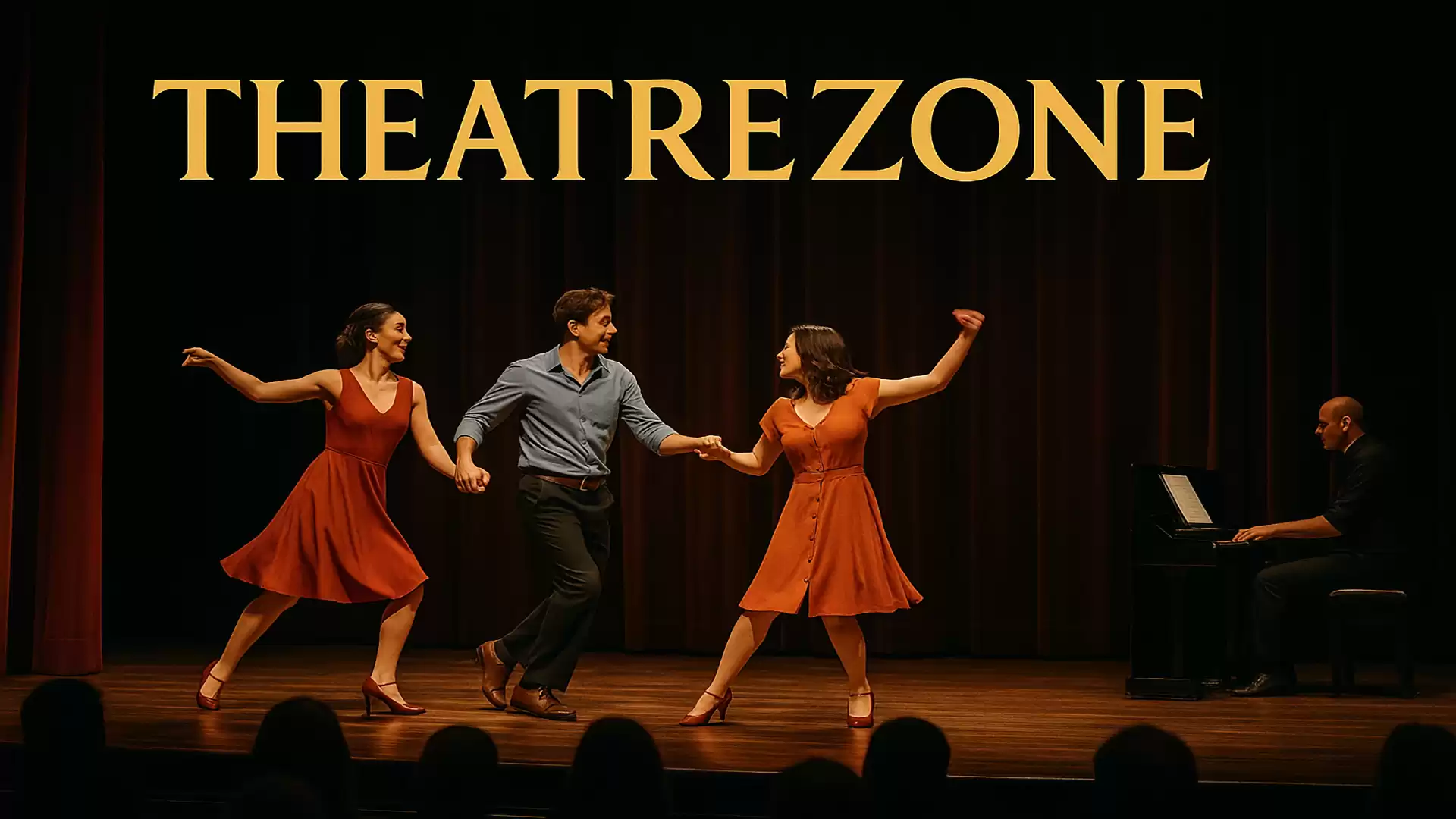Three dancers on a stage, two women in orange dresses and one man in a blue shirt, with a pianist in the background under the sign THEATREZONE.