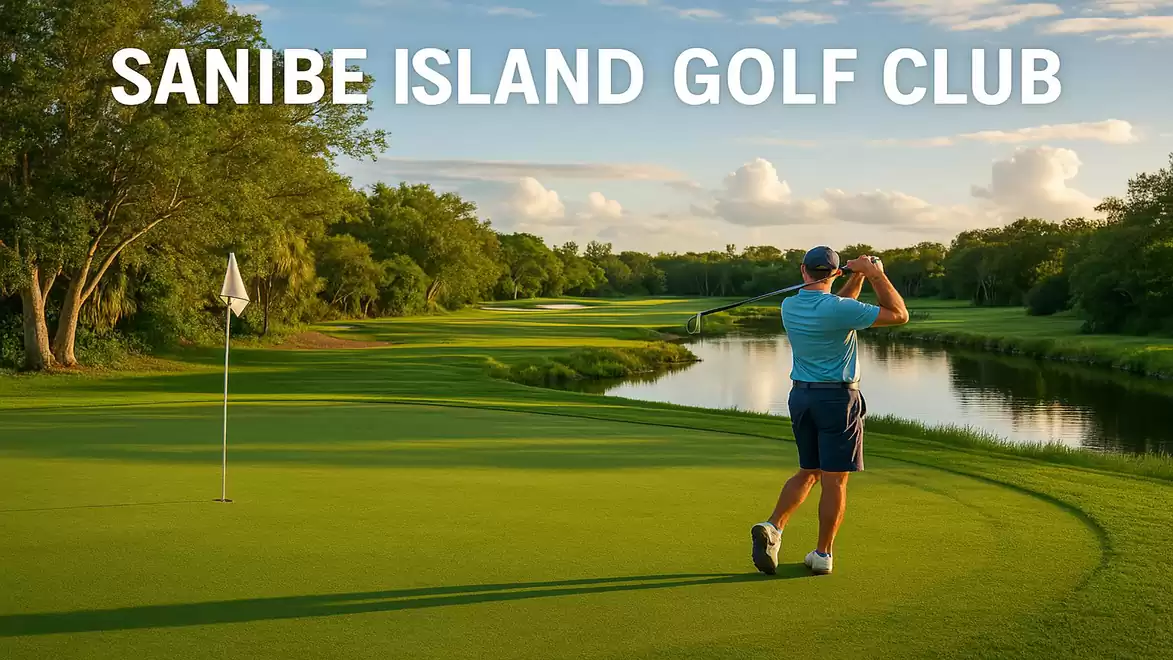 A golfer in the gentle evening light hits a ball on a green golf course, surrounded by lush trees and a calm river, with the text 'Sanibe Island Golf Club.'