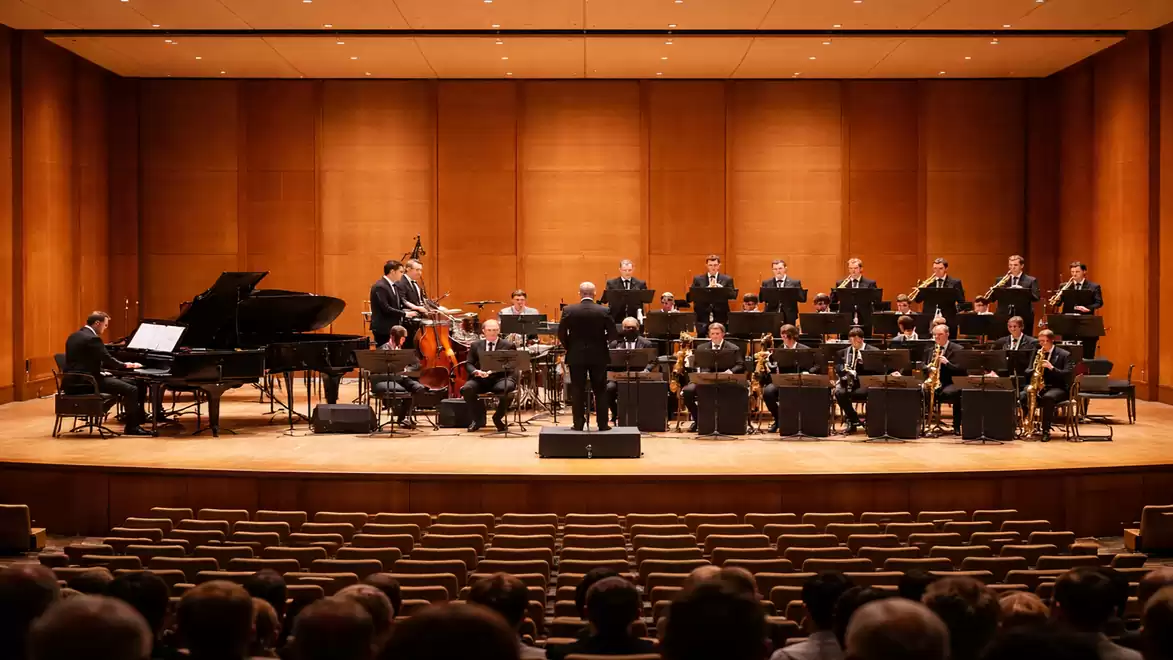 A large orchestra performs on stage in a concert hall. The musicians are arranged in rows and the conductor stands in the middle.