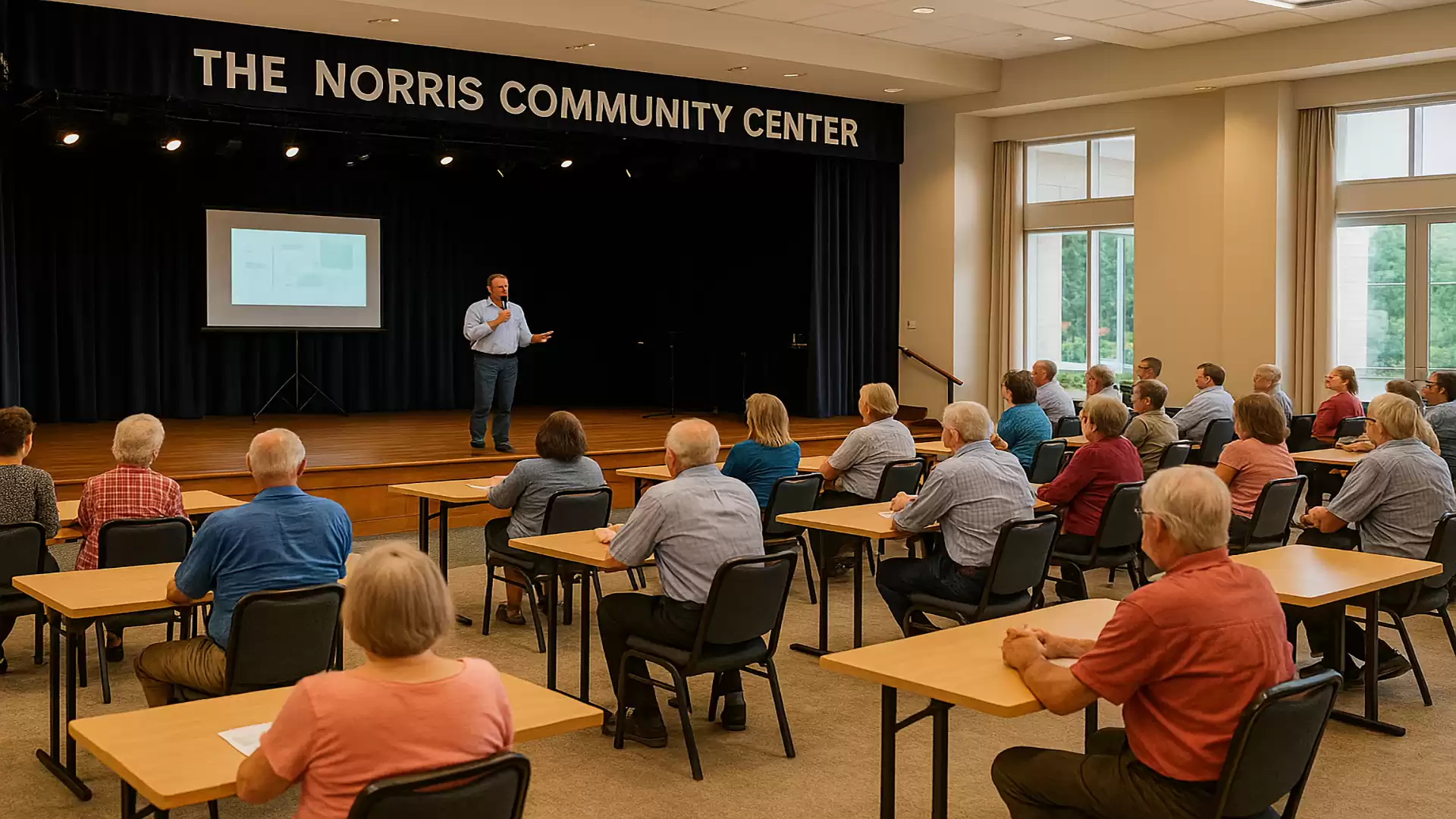 A lecture at the Norris Community Center with a speaker and several audience members sitting at tables.