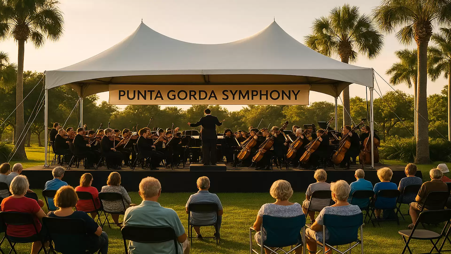 An orchestra performs outdoors under a large white tent surrounded by palm trees, with people sitting on chairs in the grass enjoying the concert.