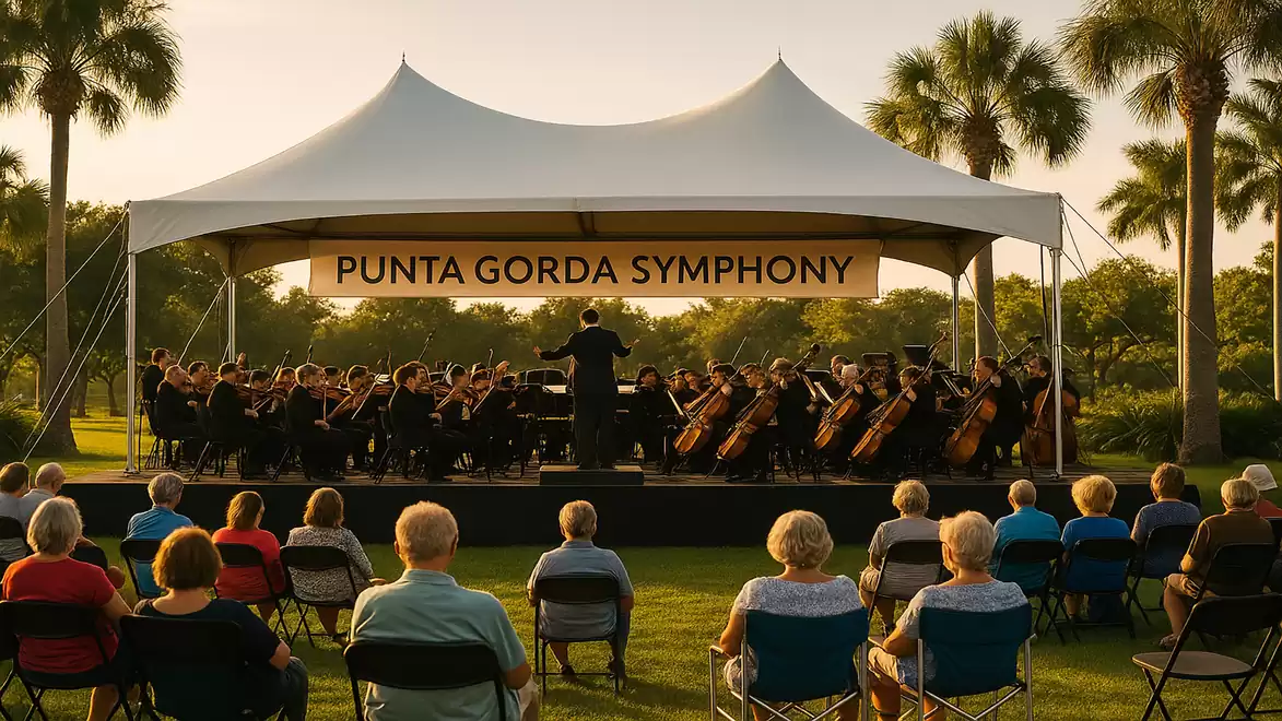 An orchestra performs outdoors under a large white tent surrounded by palm trees, with people sitting on chairs in the grass enjoying the concert.