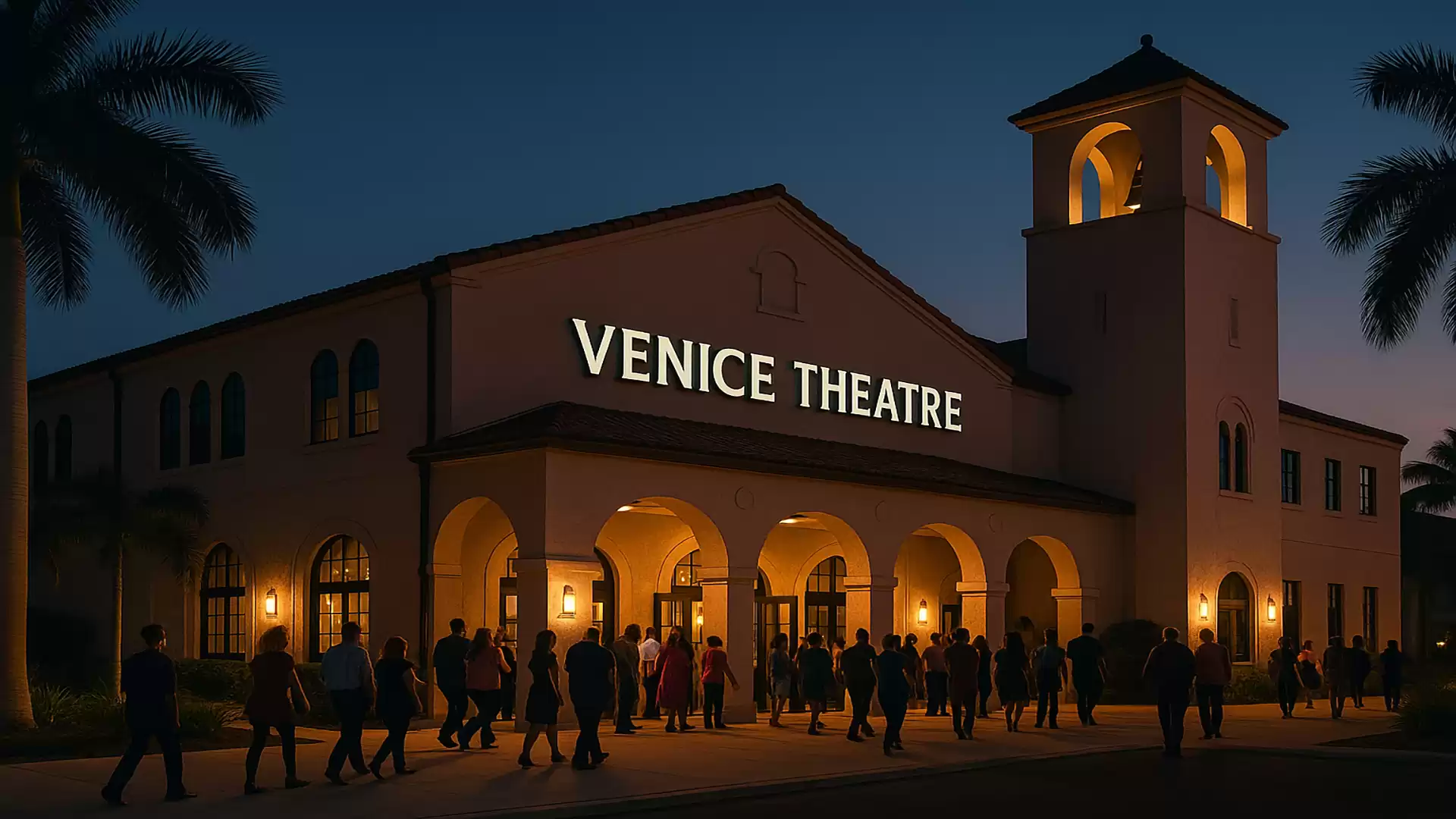Evening exterior view of the Venice Theatre with illuminated sign and people entering.