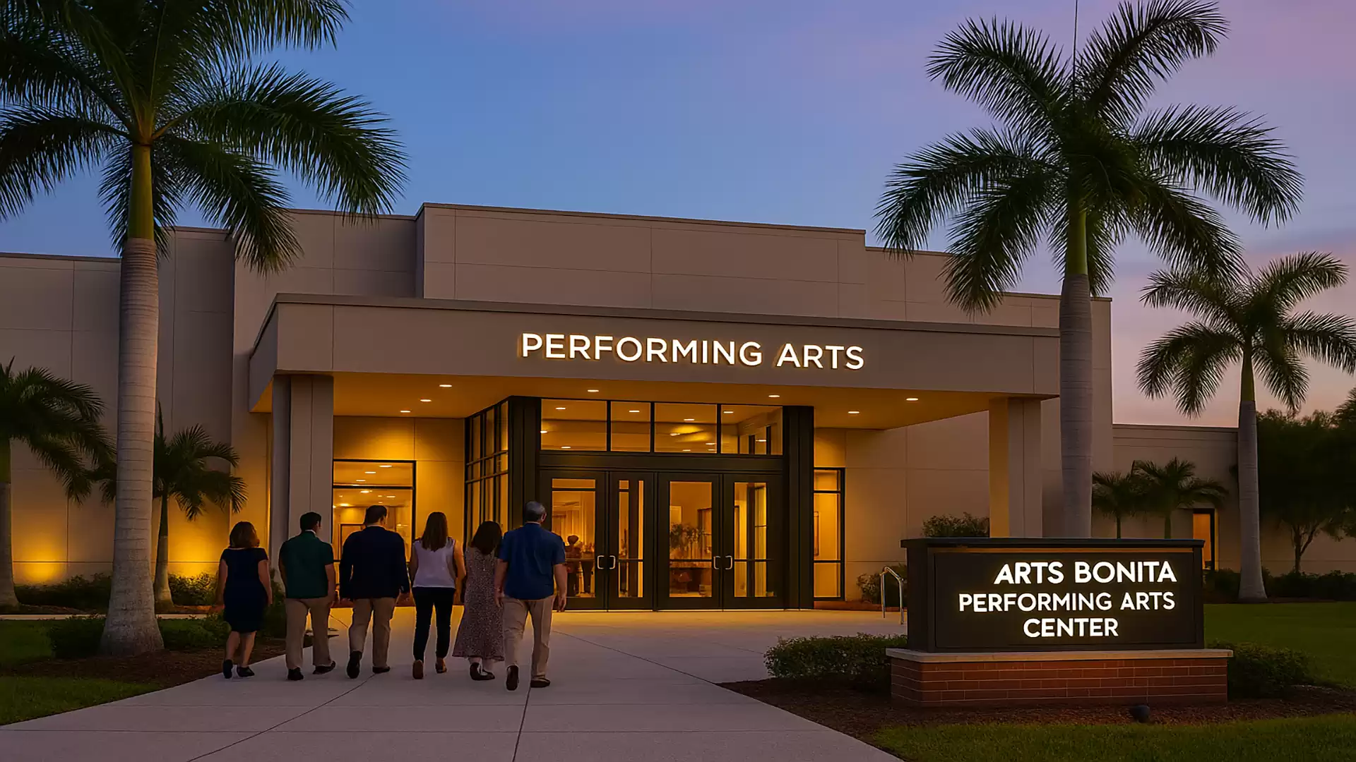 Building of the Arts Bonita Performing Arts Center with palm trees in the foreground and a group of people walking towards the entrance.