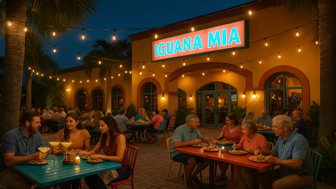 Evening ambiance at a Mexican restaurant with guests dining outdoors under string lights.