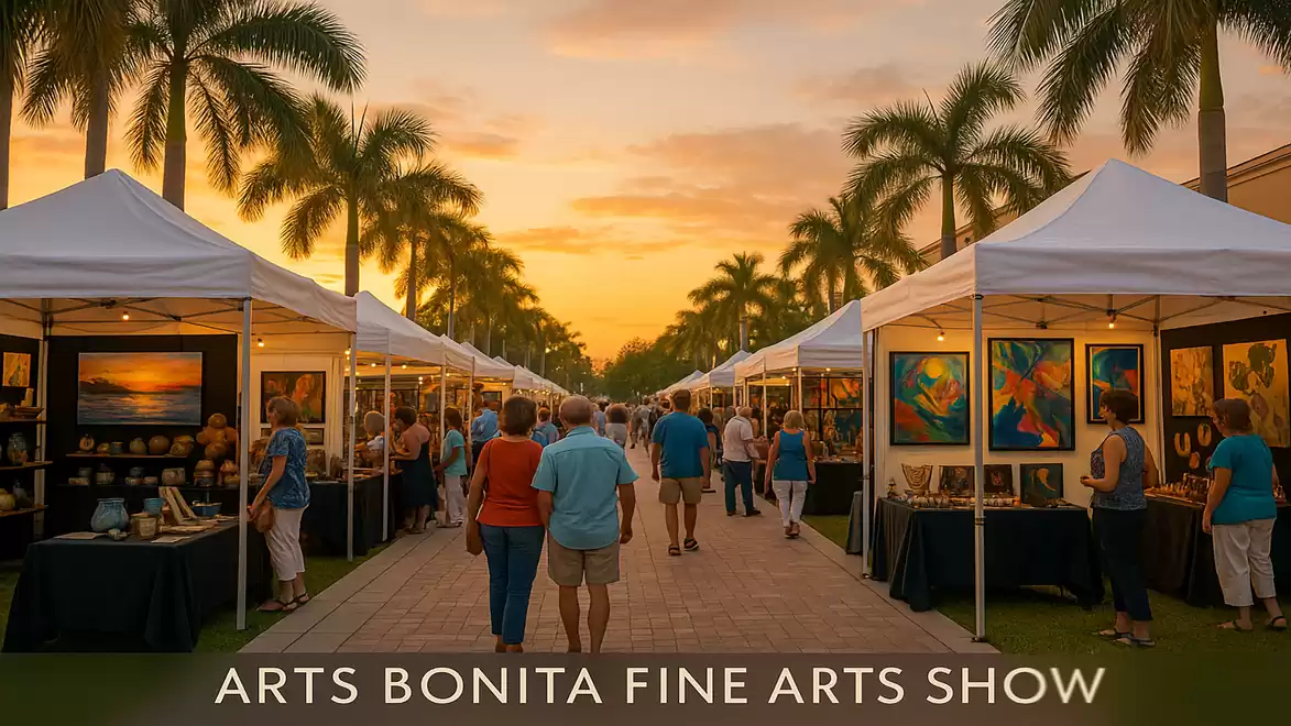Art market at sunset with white tents and people viewing artworks.