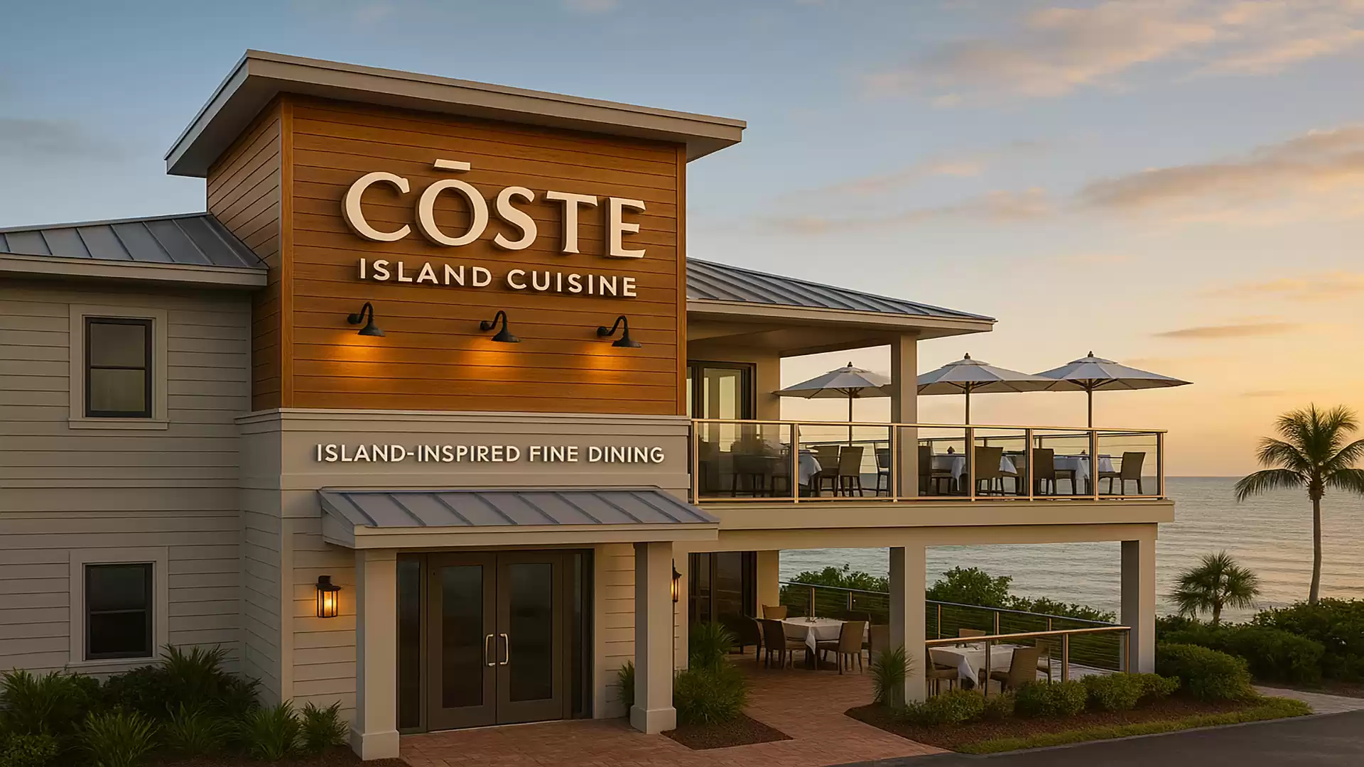 A stylish restaurant called Coste Island Cuisine with a balcony overlooking the sea at sunset.