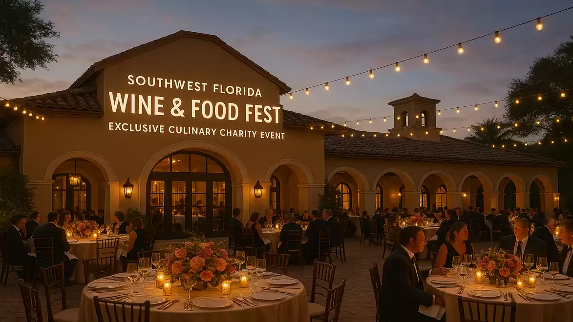 An elegant outdoor evening event with festive lighting and set tables in front of a large building with 'Southwest Florida Wine & Food Fest' displayed.
