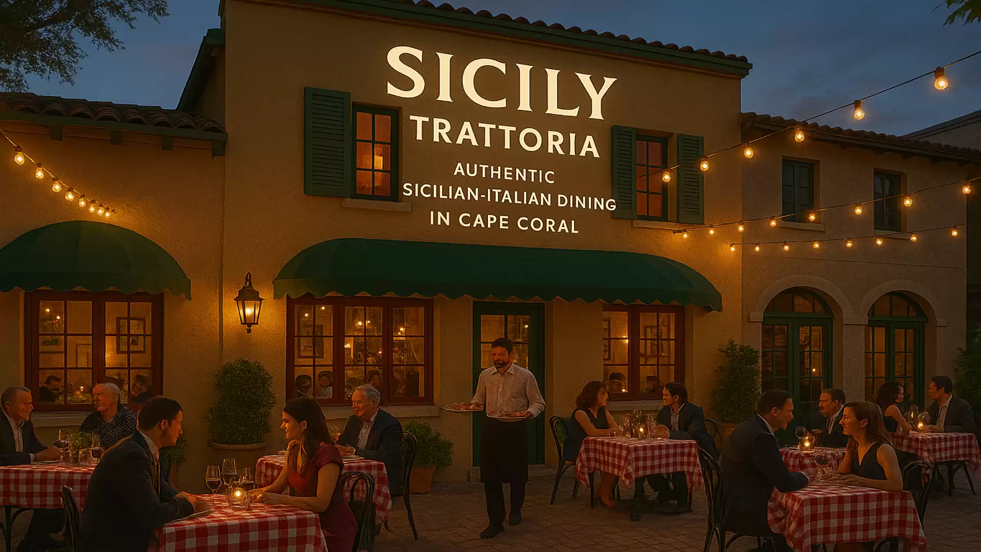 Image of a restaurant named 'Sicily Trattoria,' offering authentic Sicilian-Italian dining in Cape Coral. Outdoor area with several guests eating at small, red and white checkered tables. String lights provide cozy lighting.