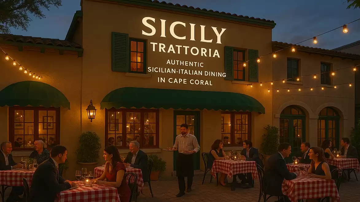 Image of a restaurant named 'Sicily Trattoria,' offering authentic Sicilian-Italian dining in Cape Coral. Outdoor area with several guests eating at small, red and white checkered tables. String lights provide cozy lighting.
