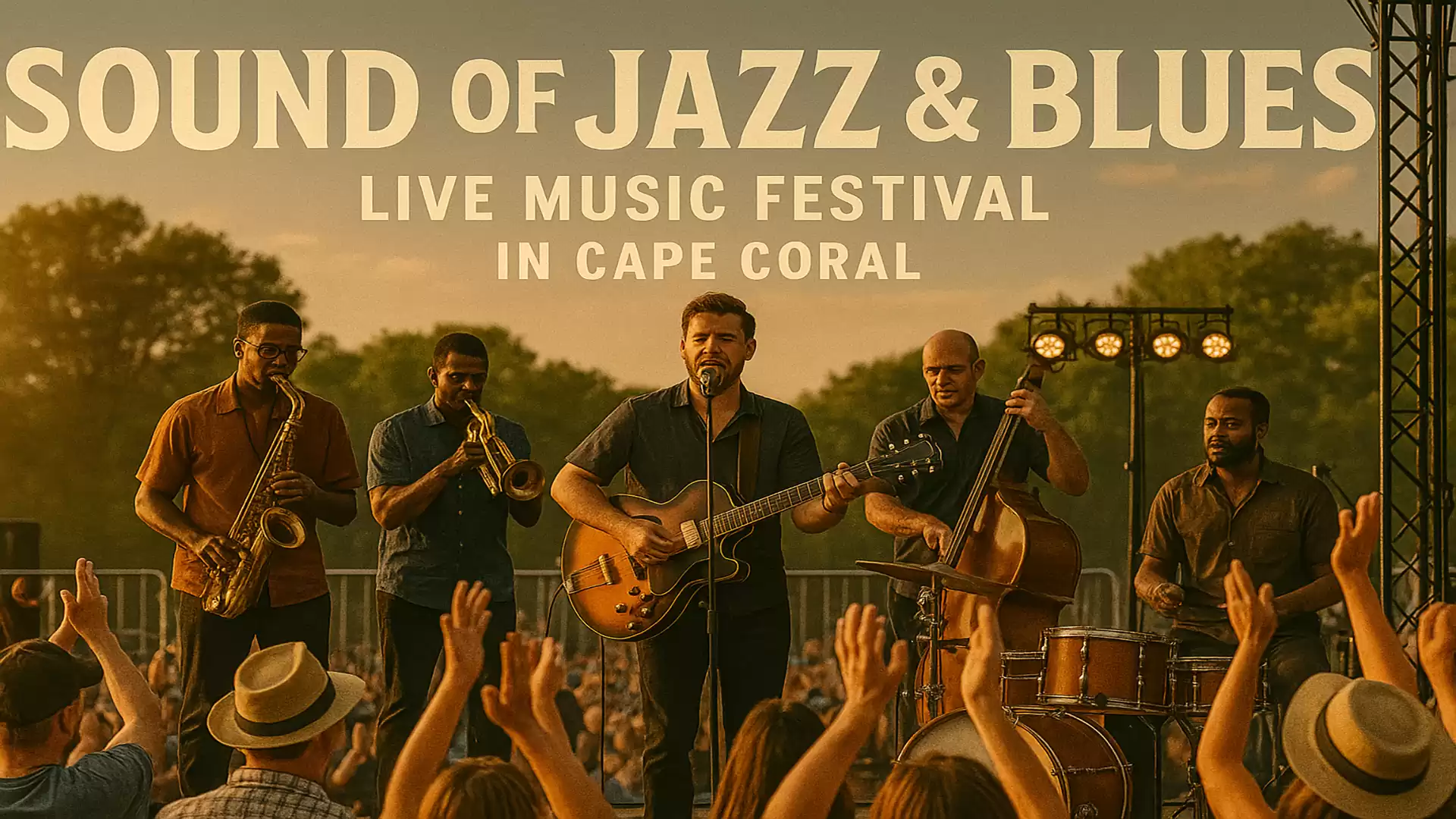 A jazz and blues band performing live at a festival with an enthusiastic audience and backlighting at sunset. The text on the image reads: 'Sound of Jazz & Blues, Live Music Festival in Cape Coral'.