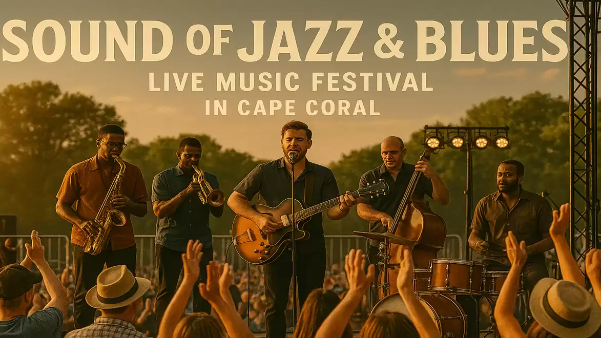 A jazz and blues band performing live at a festival with an enthusiastic audience and backlighting at sunset. The text on the image reads: 'Sound of Jazz & Blues, Live Music Festival in Cape Coral'.