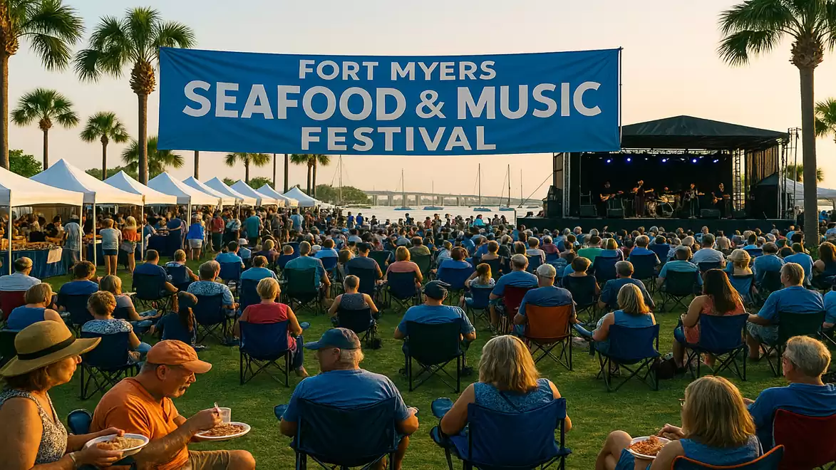 People enjoy live music and seafood at the Fort Myers Seafood & Music Festival in Florida under the open sky.