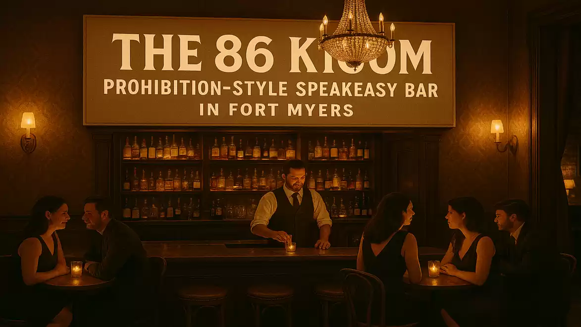 A stylish speakeasy in Fort Myers with dim lighting, where guests sit at the bar and a bartender prepares drinks.