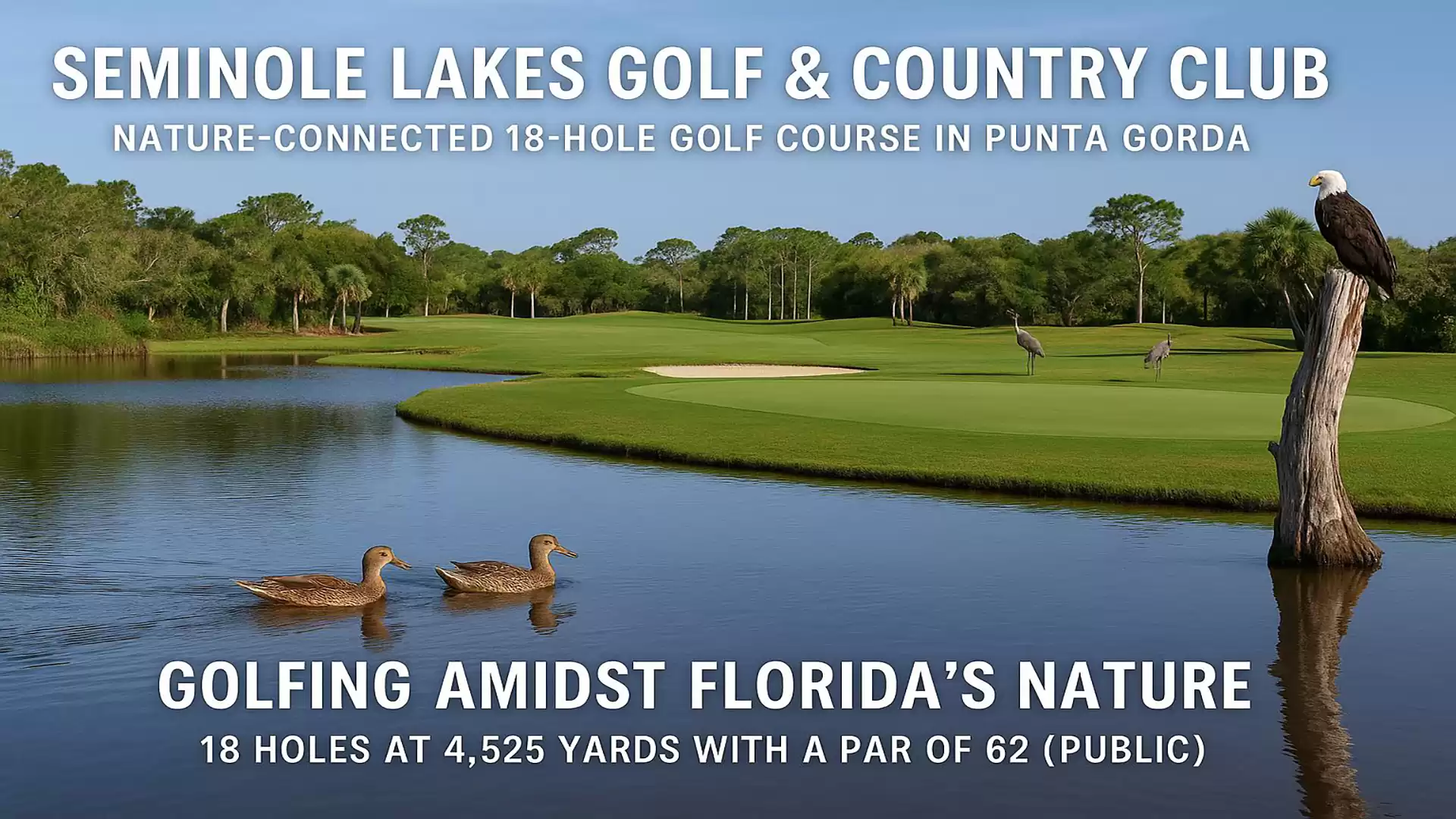 Golf course of Seminole Lakes Golf & Country Club in Punta Gorda featuring a lake, ducks, and an eagle on a tree stump. Surrounded by nature and trees, with a perfectly manicured golf green.