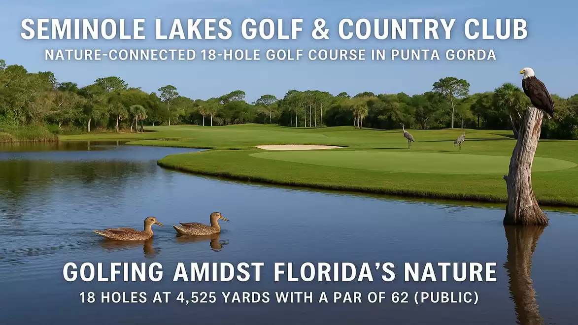 Golf course of Seminole Lakes Golf & Country Club in Punta Gorda featuring a lake, ducks, and an eagle on a tree stump. Surrounded by nature and trees, with a perfectly manicured golf green.