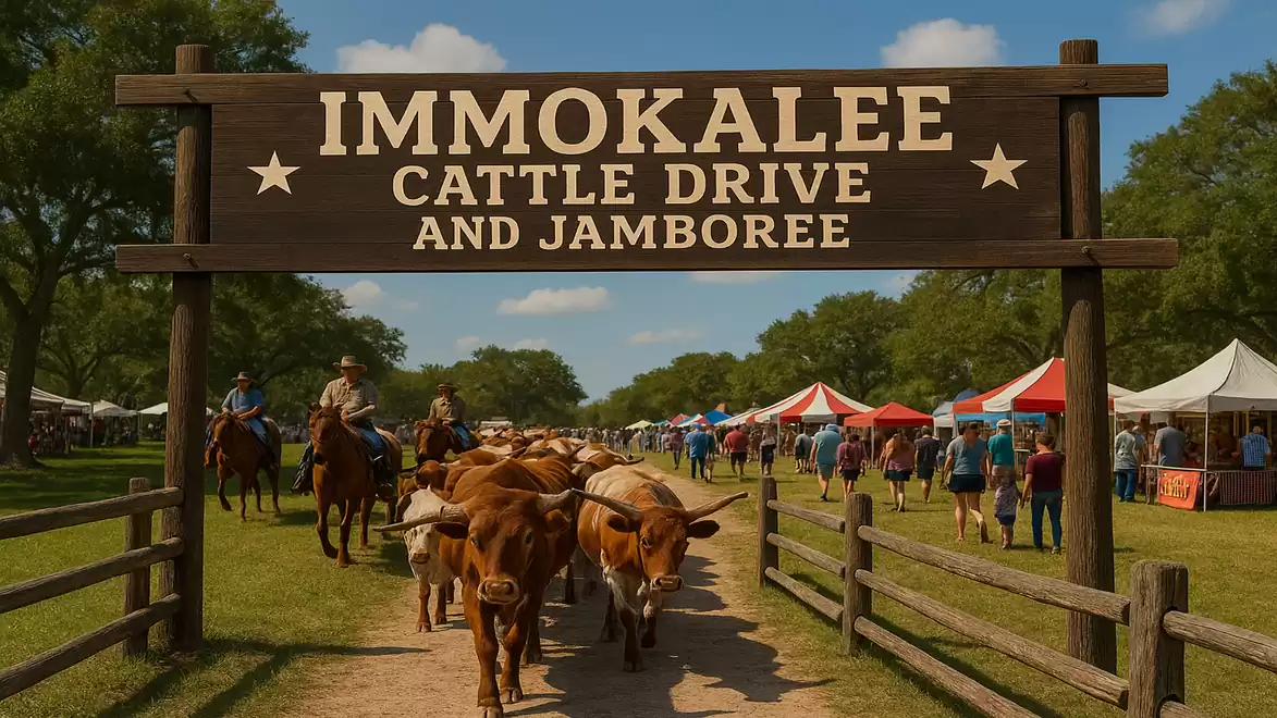 People participate with cattle in the 'Immokalee Cattle Drive and Jamboree' event. A wooden sign marks the entrance, with visitors visible in the distance.