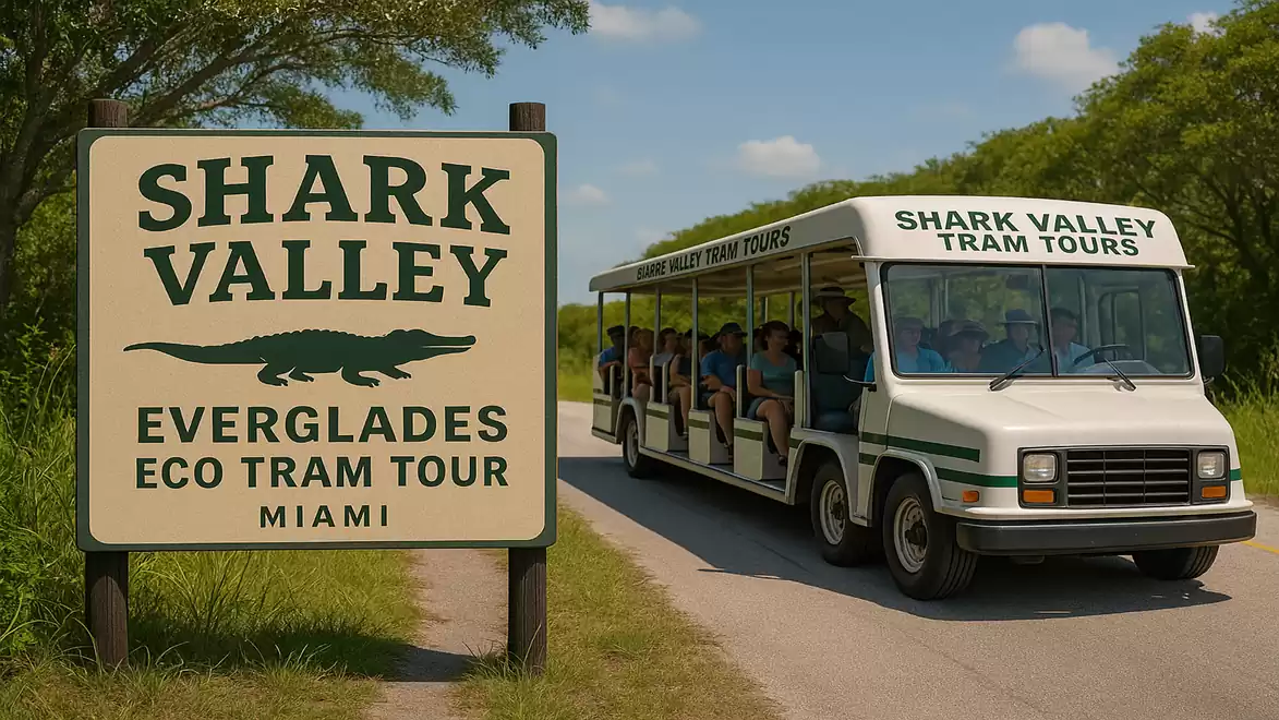 A white tour bus travels on a road in Shark Valley in the Everglades National Park next to a large sign reading 'Shark Valley Everglades Eco Tram Tour Miami'.