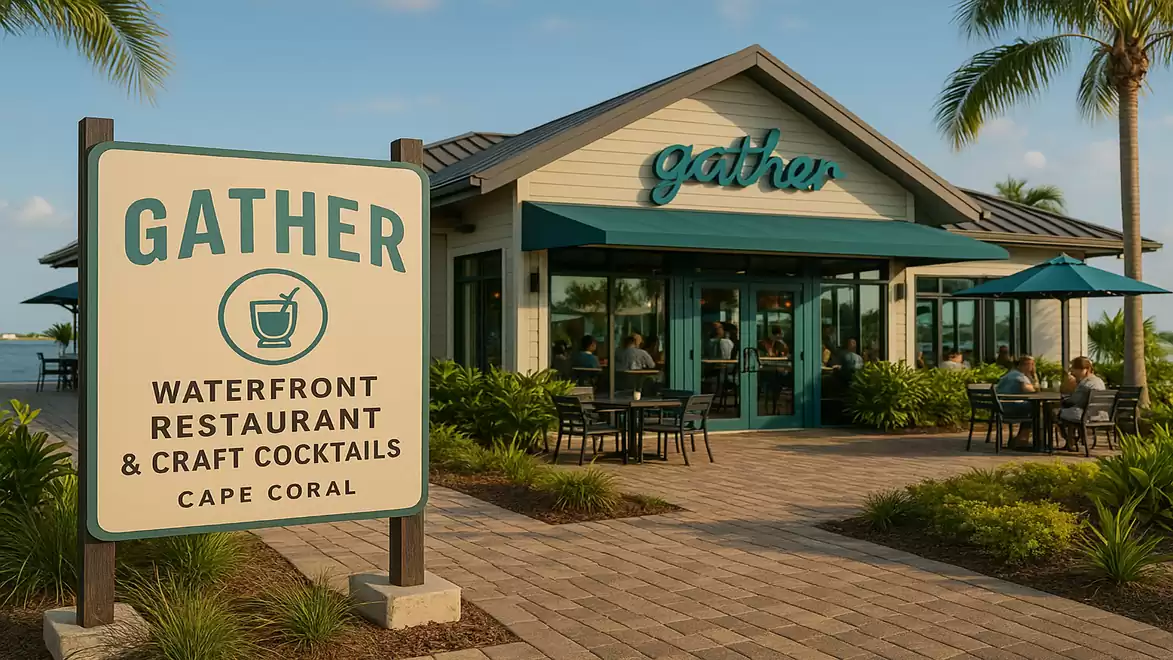 Exterior view of a restaurant with a large sign advertising Gather, a waterfront restaurant with craft cocktails in Cape Coral. Palm trees and a sunny sky add a relaxed atmosphere to the scene.