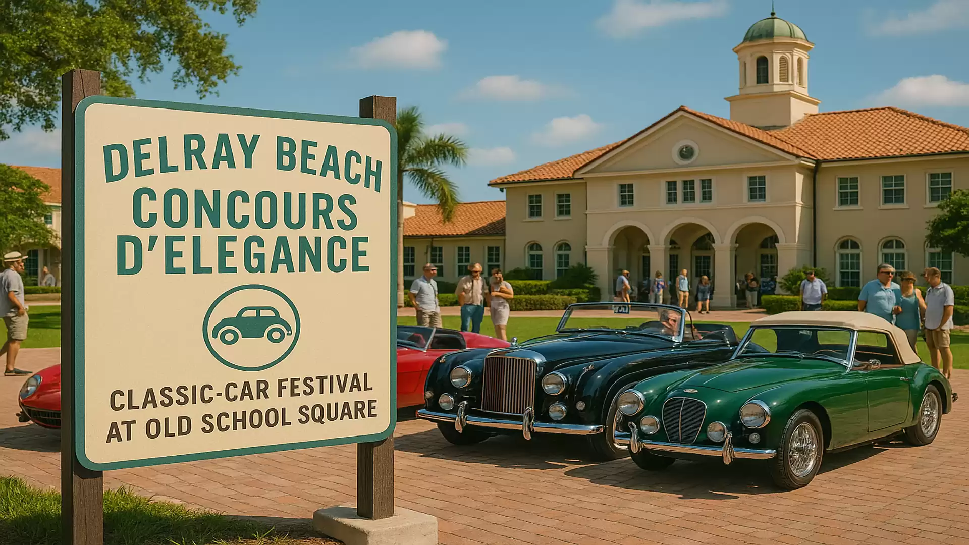 The image shows a scene from the Delray Beach Concours d'Elegance, a classic car festival at Old School Square. In the foreground, there is a sign, and in the background, several vintage cars and a building with a dome are visible.