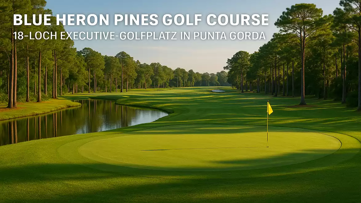 A green golf course with a flag on the green, surrounded by trees and a water channel, at Blue Heron Pines Golf Course.