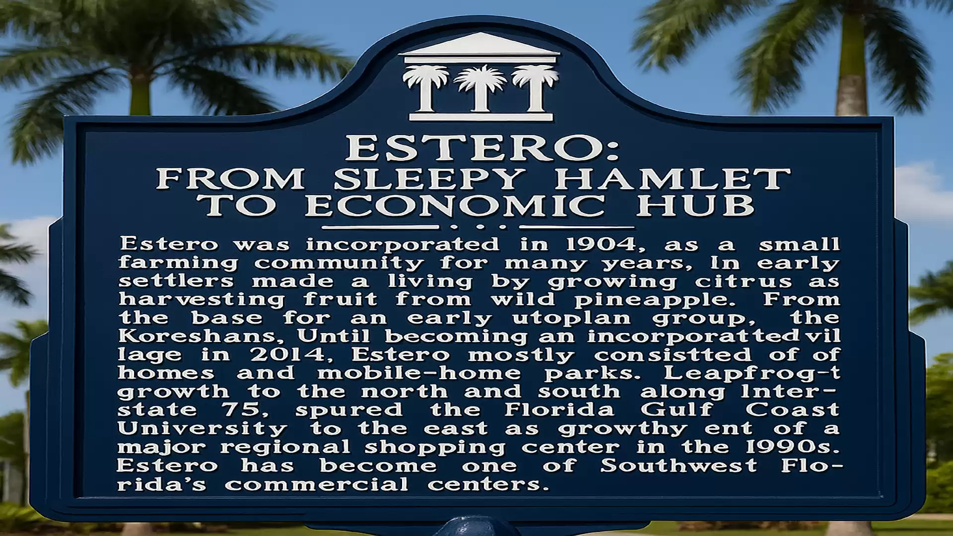 A blue sign with the title 'Estero: From Sleepy Hamlet to Economic Hub' describes the development of the city of Estero in Florida from a small farming community to an economic center.