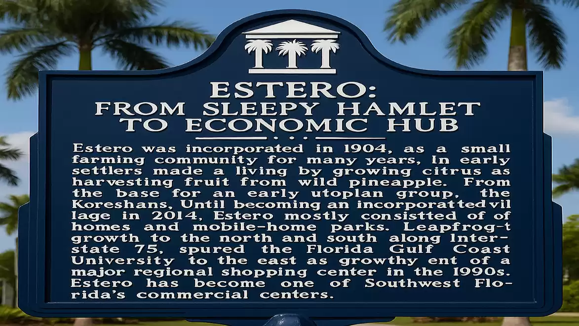 A blue sign with the title 'Estero: From Sleepy Hamlet to Economic Hub' describes the development of the city of Estero in Florida from a small farming community to an economic center.
