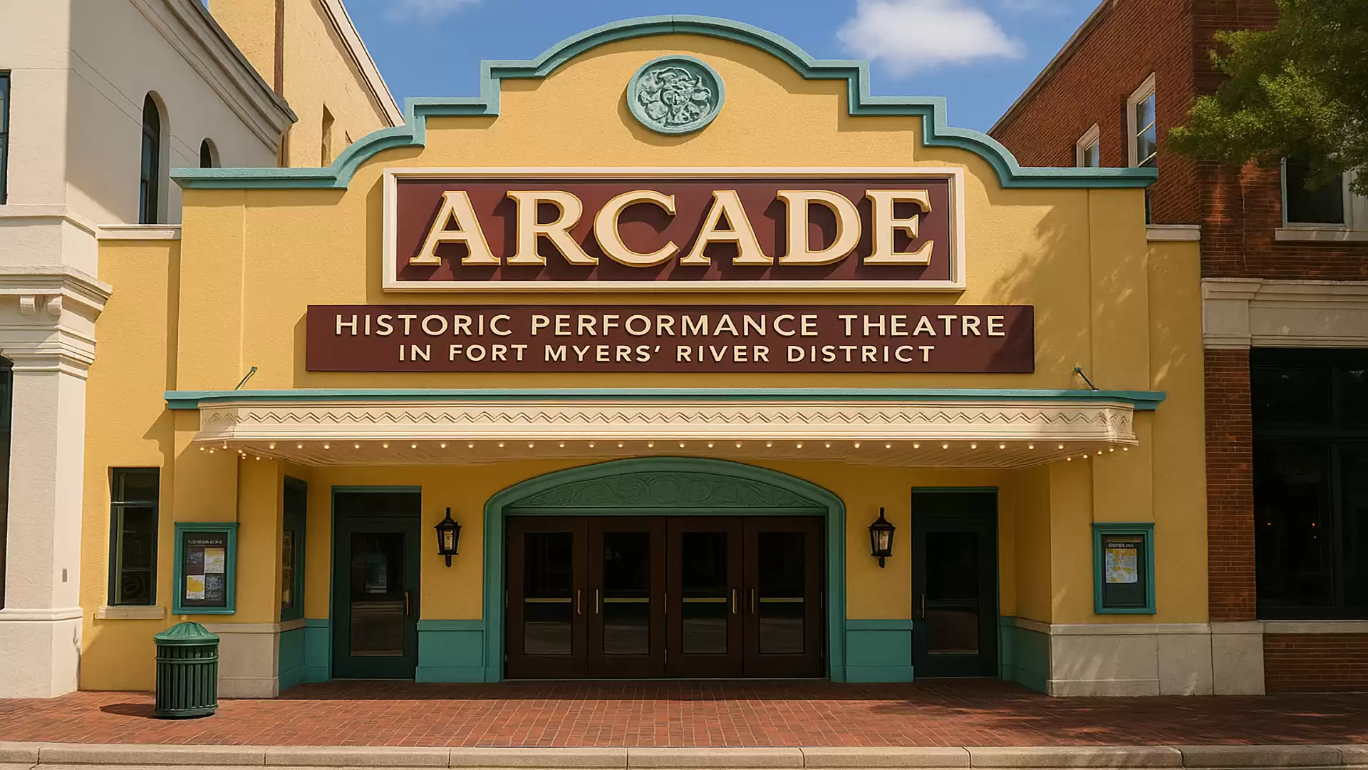 Historic Arcade Theatre in Fort Myers River District with yellow facade and brown sign.