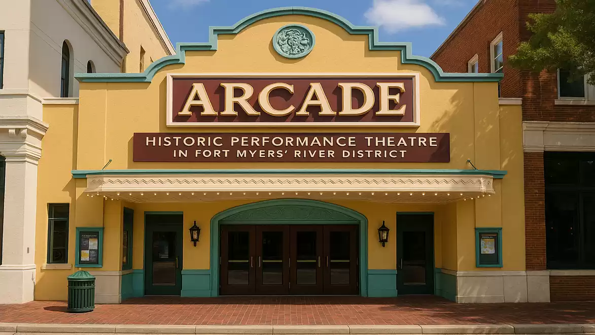 Historic Arcade Theatre in Fort Myers River District with yellow facade and brown sign.