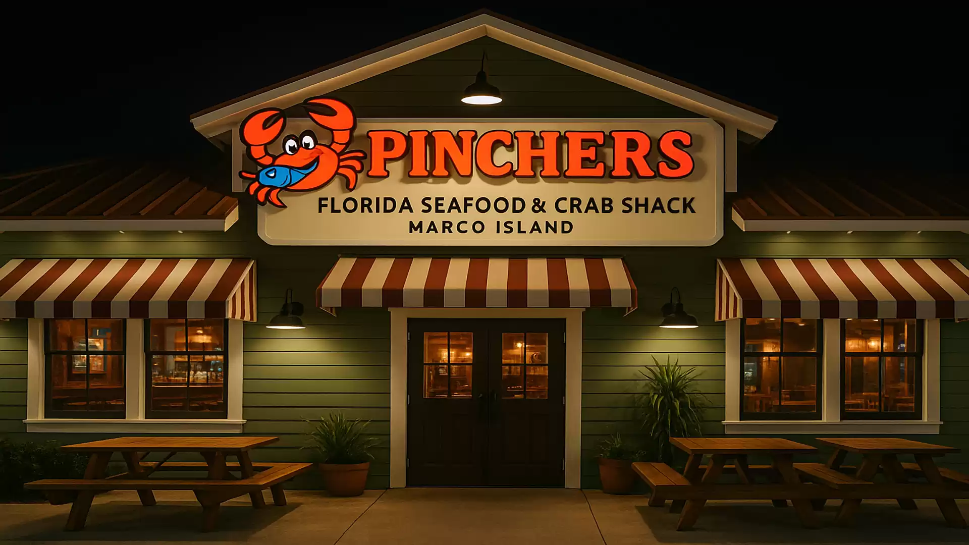 Exterior view of a restaurant with a wooden facade and illuminated sign 'Pinchers Florida Seafood & Crab Shack Marco Island'.
