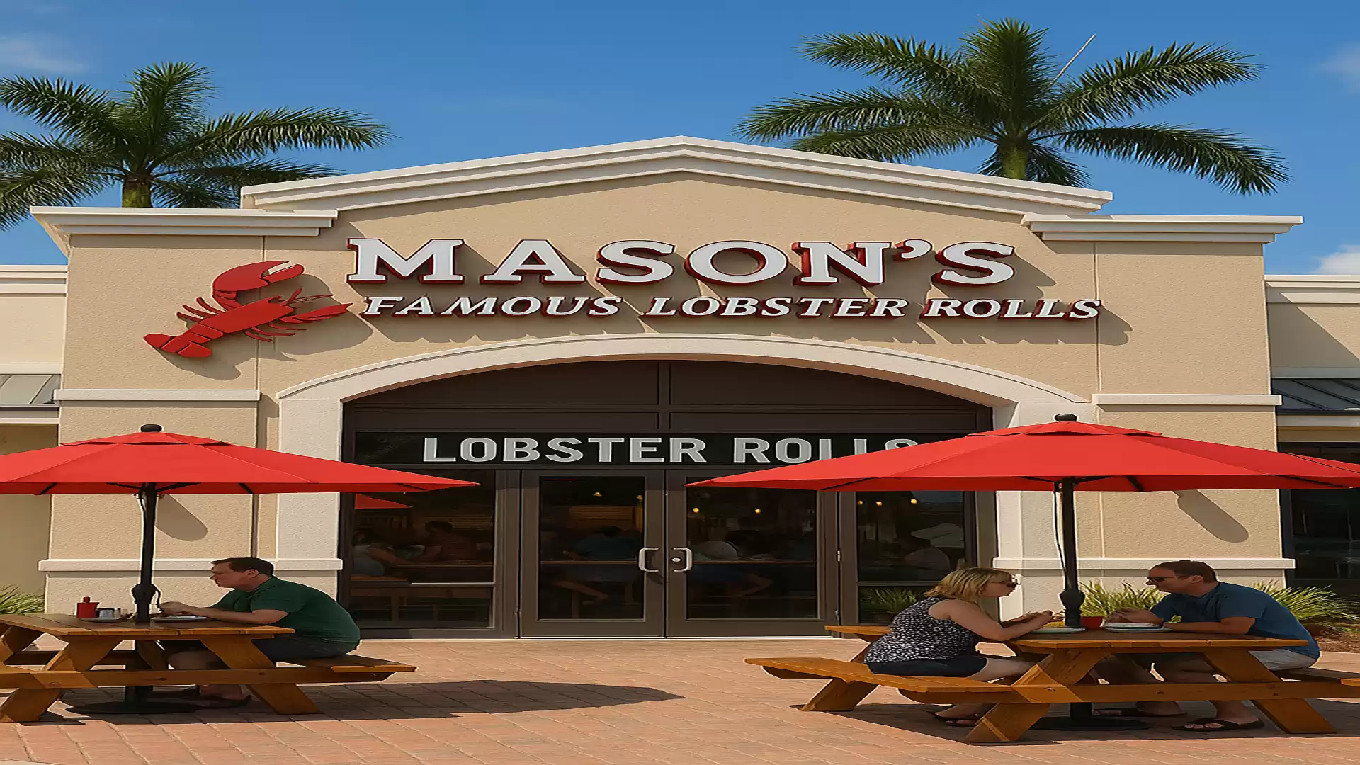 Exterior view of Mason's Famous Lobster Rolls restaurant with red umbrellas and patrons at picnic tables.