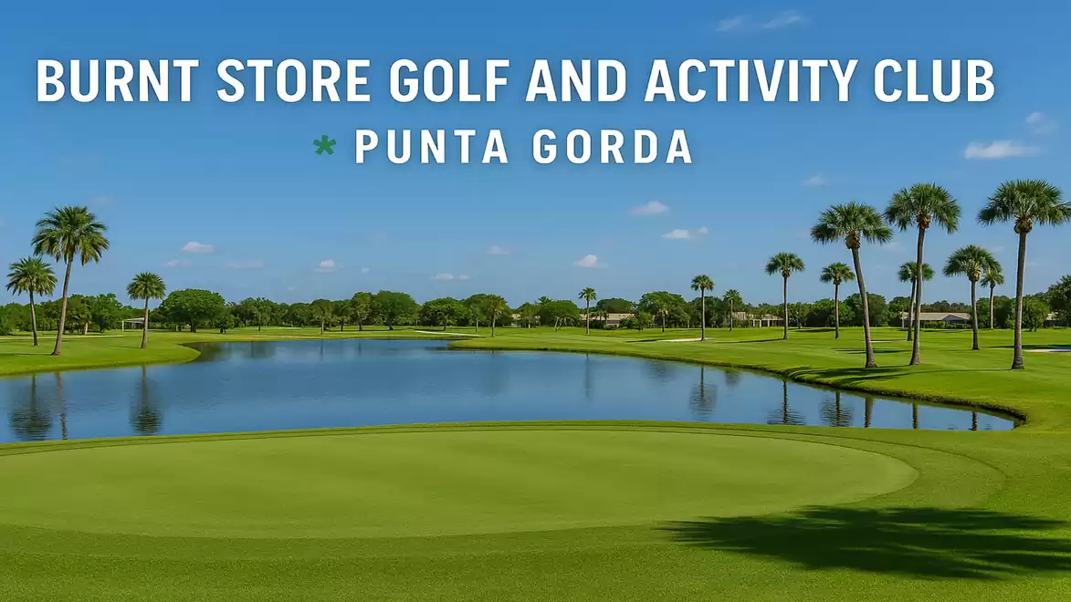 Golf course in Punta Gorda with palm trees and a serene lake at Burnt Store Golf and Activity Club.
