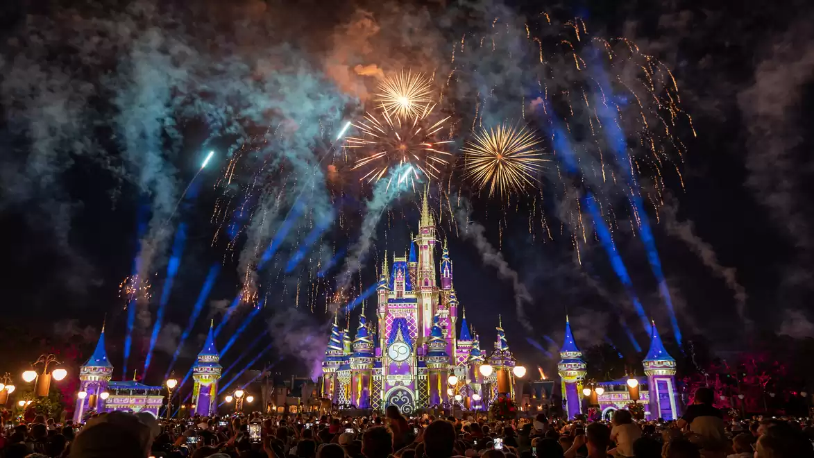 A fairy-tale illuminated castle with colorful fireworks in the night sky, surrounded by numerous people enjoying the view.