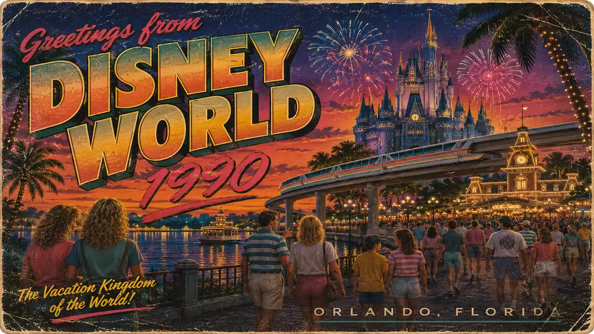 Retro postcard from Disney World featuring a castle, fireworks, and a crowd in the foreground, with 'Greetings from Disney World 1990'.