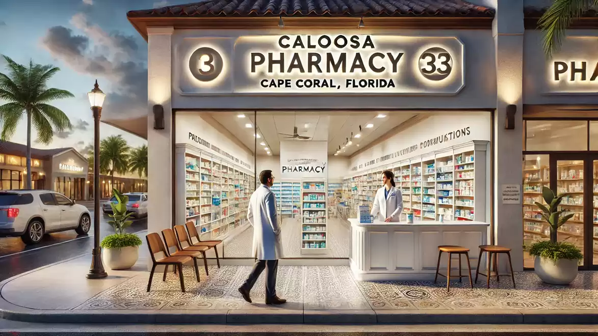 Exterior view of a pharmacy in Cape Coral, Florida, with two employees in white coats.