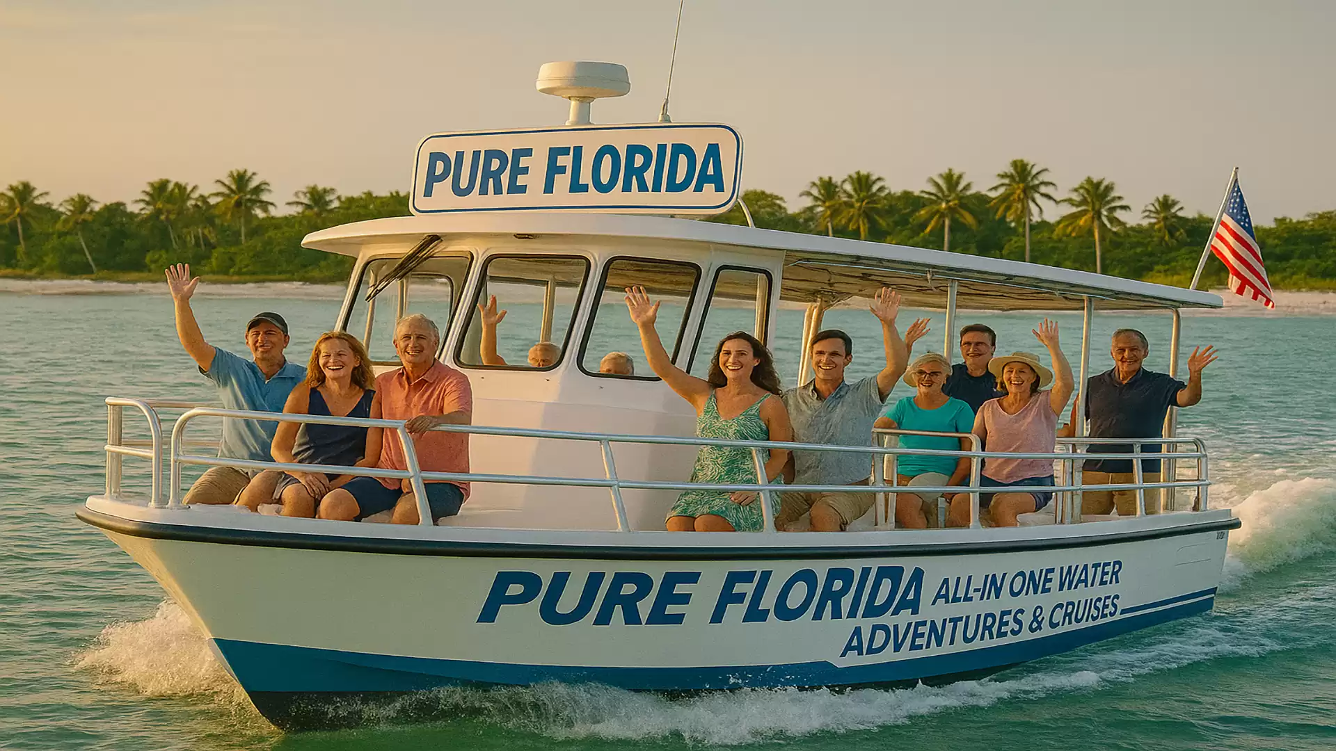 Group of people riding on a tour boat called 'Pure Florida', waving with palm trees in the background at sunset.