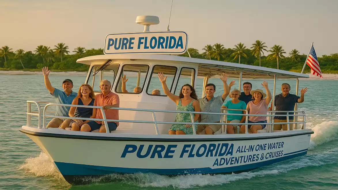 Group of people riding on a tour boat called 'Pure Florida', waving with palm trees in the background at sunset.