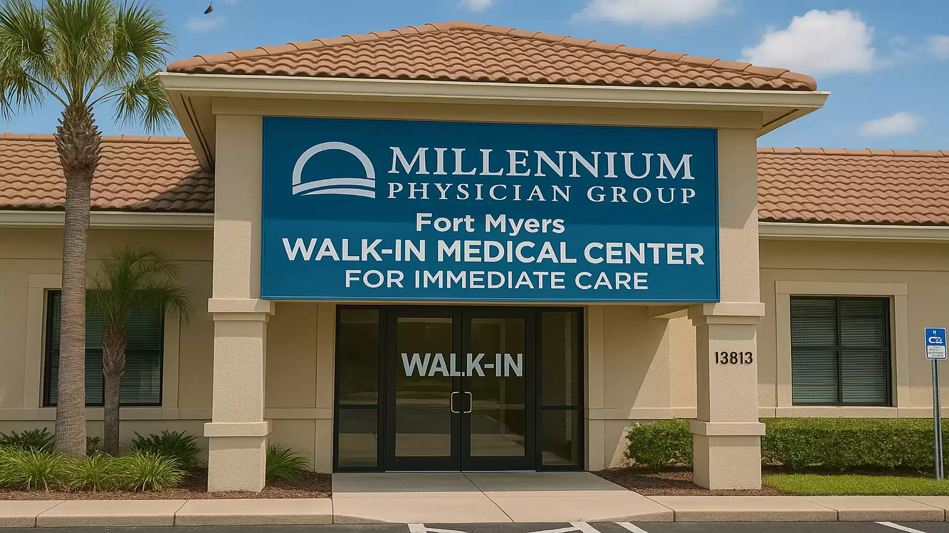 Image of the Millennium Physician Group Walk-In Medical Center in Fort Myers with a prominent blue sign.
