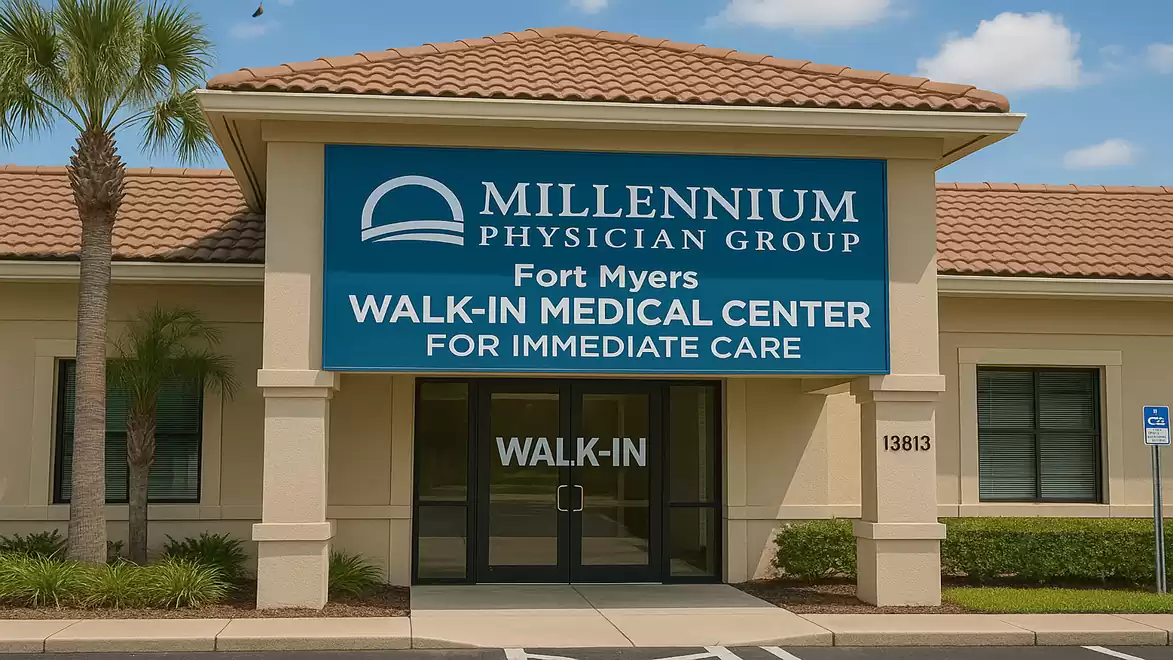 Image of the Millennium Physician Group Walk-In Medical Center in Fort Myers with a prominent blue sign.