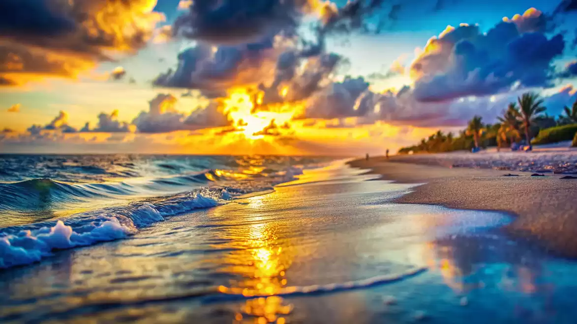 A colorful sunset at the beach with vibrant clouds and gentle waves touching the shore.