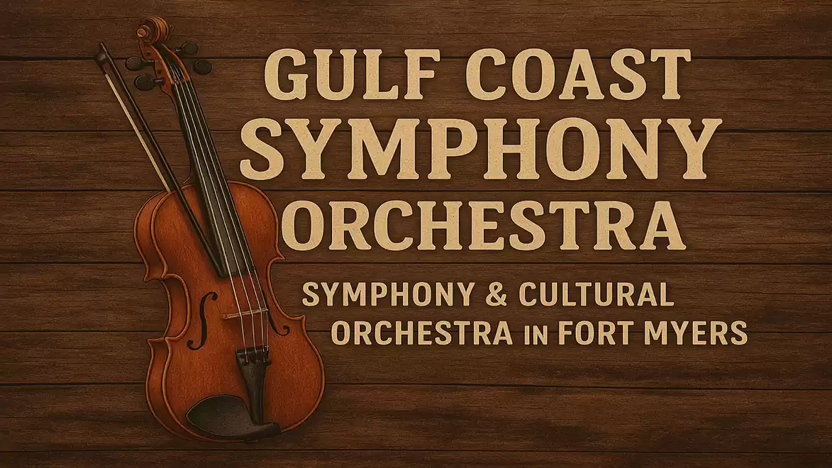 An image featuring a logo of the Gulf Coast Symphony Orchestra with a violin next to it, set against a wooden background.