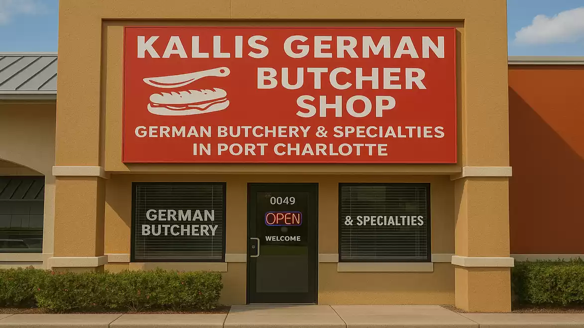 A store named 'Kallis German Butcher Shop' in Port Charlotte. The sign reads: 