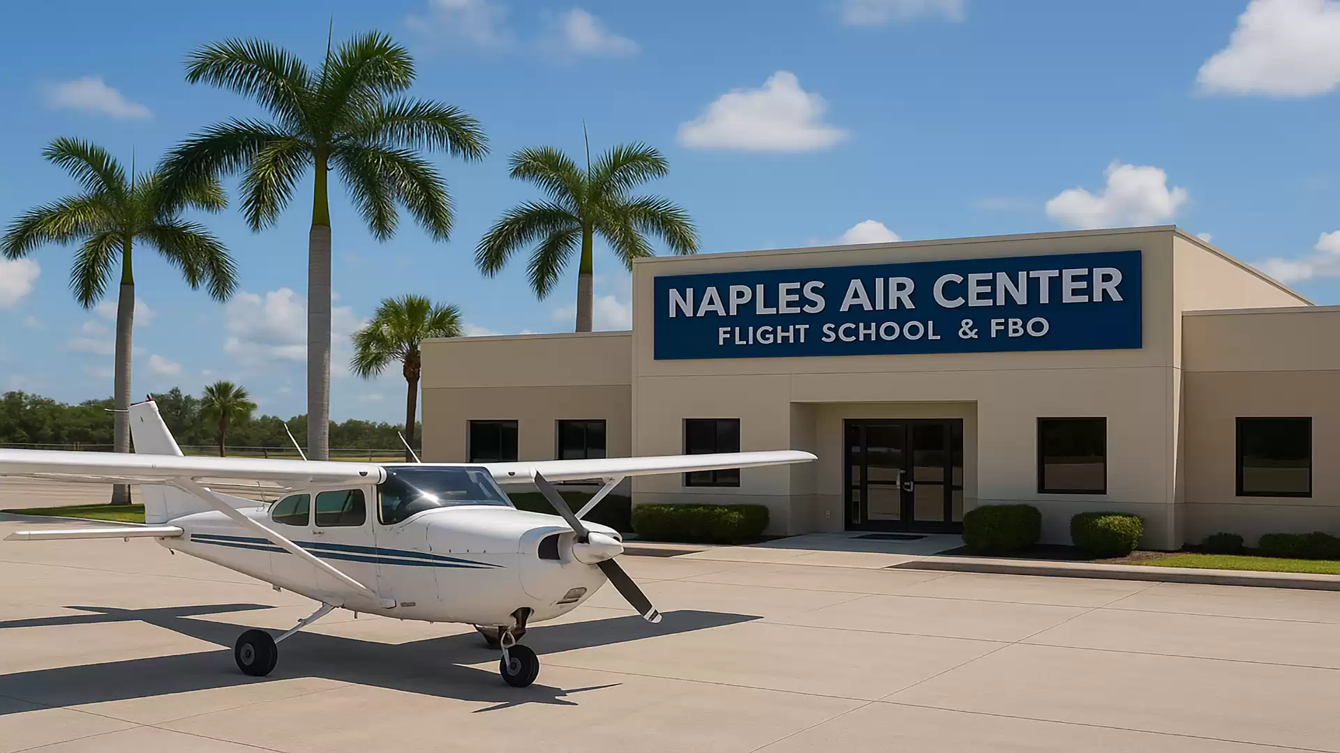 A small airplane is parked in front of the Naples Air Center building with palm trees in the background.